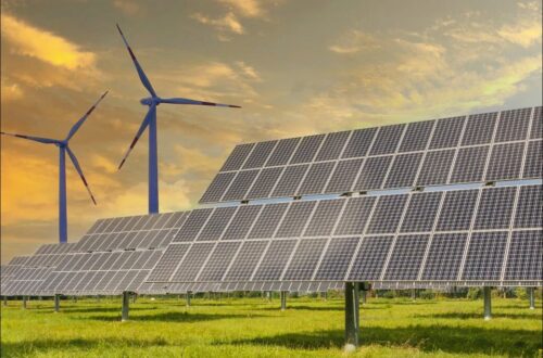 Climate Change Sustainable energy: Solar panels and wind turbines